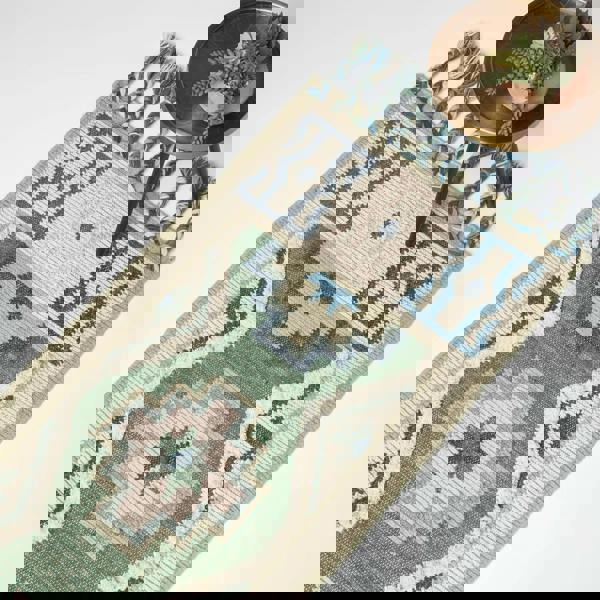 HOMESCAPES Matala Green & Blue Kilim Wool Rug