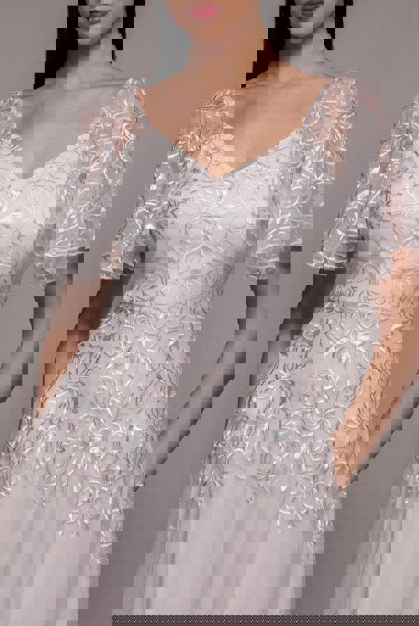 Lace Flutter Sleeve Embroidered Mesh A Line Maxi Dress - White DR3942