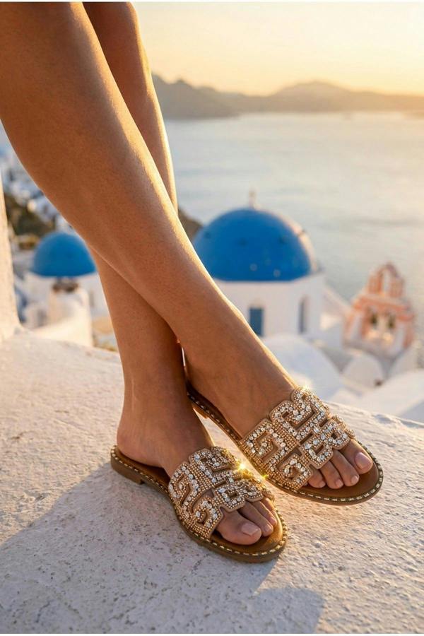 Pearl Geometric Rhinestone Embellished Sliders - Champagne