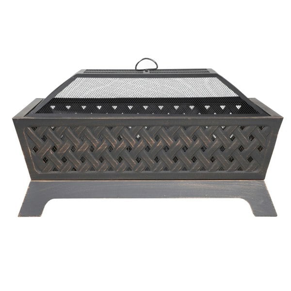 Rectangular Black Fire Pit Wood Burner - Modern Outdoor Garden Heater Mesh Lid - LoopsDirect