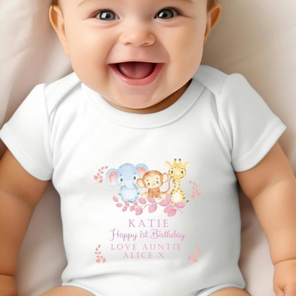 Personalised Pink Safari Animals Baby Grow, Vest or Bib with Name