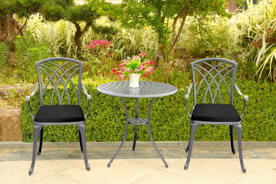 Centurion Supports OSHOWA Luxurious Garden and Patio Table and 2 Large Chairs with Armrests Cast Aluminium Bistro Set - Grey with Black Cushions