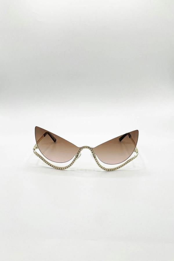 SVNX Butterfly Dimante Rimless Sunglasses In Brown