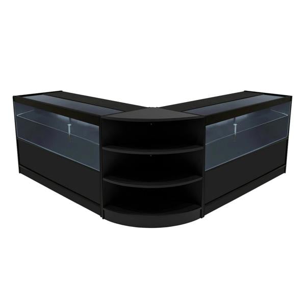 Black Andromeda LED shop counter set featuring a sleek design with glass display sections and curved shelves for optimal visibility
