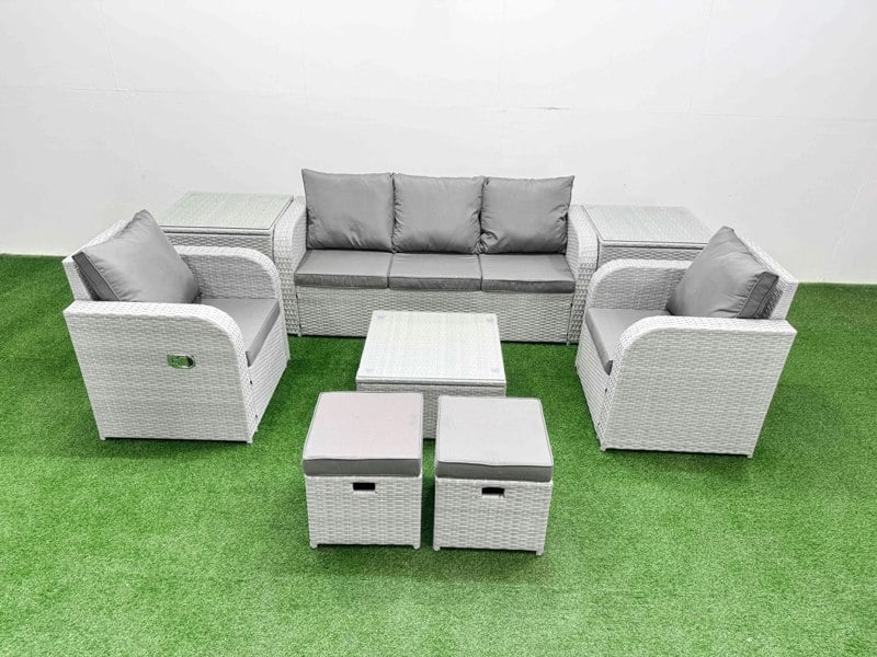 Fimous PE Rattan Garden Furniture Set Reclining Chair Sofa Lounge Sofa Set Square Coffee Table 2 Side Table 2 Small Stools Light Grey