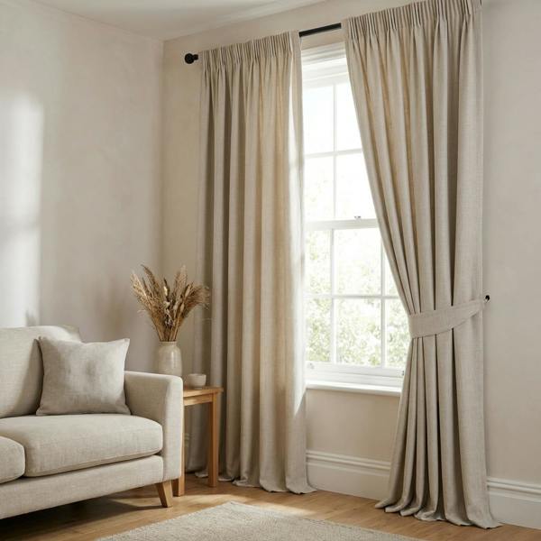 Prima made-to-measure curtains in Oyster, styled in a living room