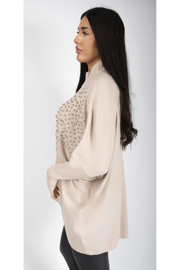 Jaira Oversized Knitted Jumper With Studded Star Detail - Beige