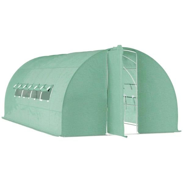 Green walk-in polytunnel greenhouse with hinged metal door and mesh side panels