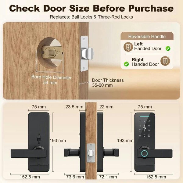 Smart Door Lock, 5-in-1 (Fingerprint/Passcode/Bluetooth APP/NFC Card/Key), Built-in Doorbell, Keyless Electronic Lock