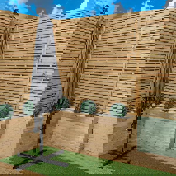 Samuel Alexander Outdoor 4 Person Round Glass Top Garden Dining Table Chairs With Grey Banana Lit Parasol and Base Set