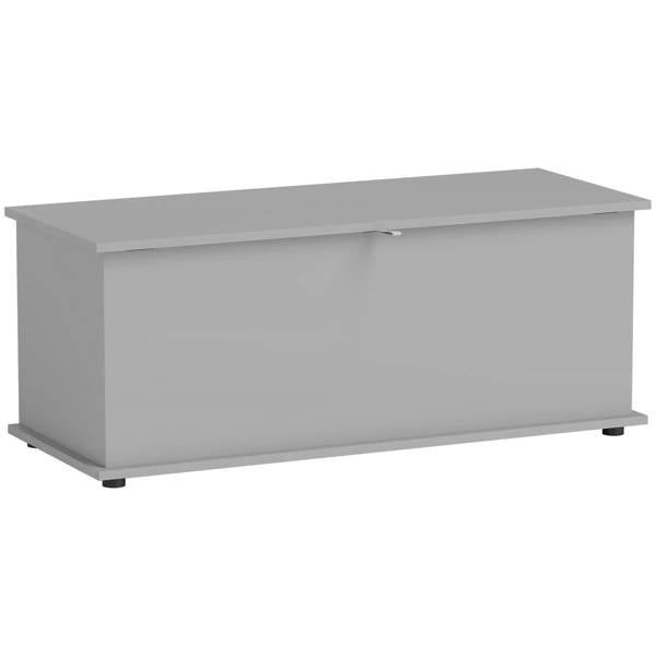 Grey storage chest with flip-top lid and sturdy feet