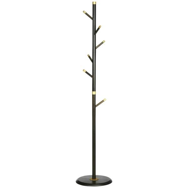 Freestanding coat rack stand with tall dark frame, multiple small hooks, and round base