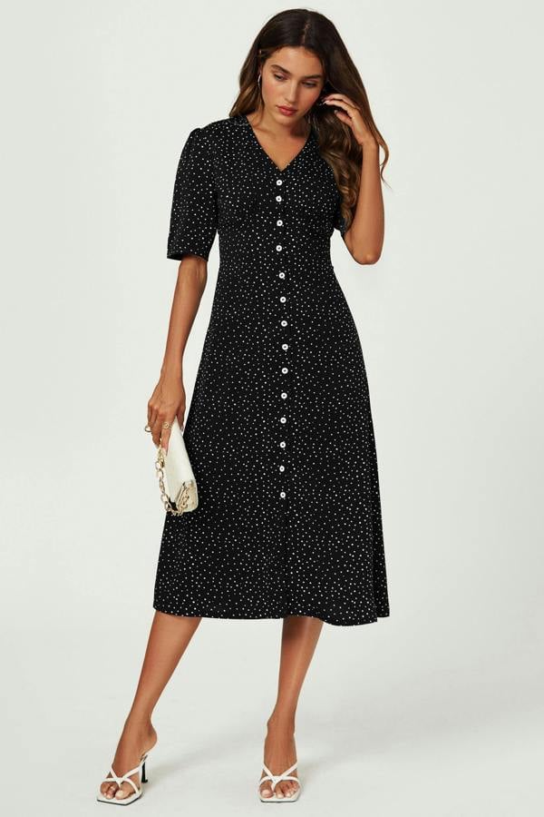 FS Collection Dot Print Button Front Midi Dress In Black