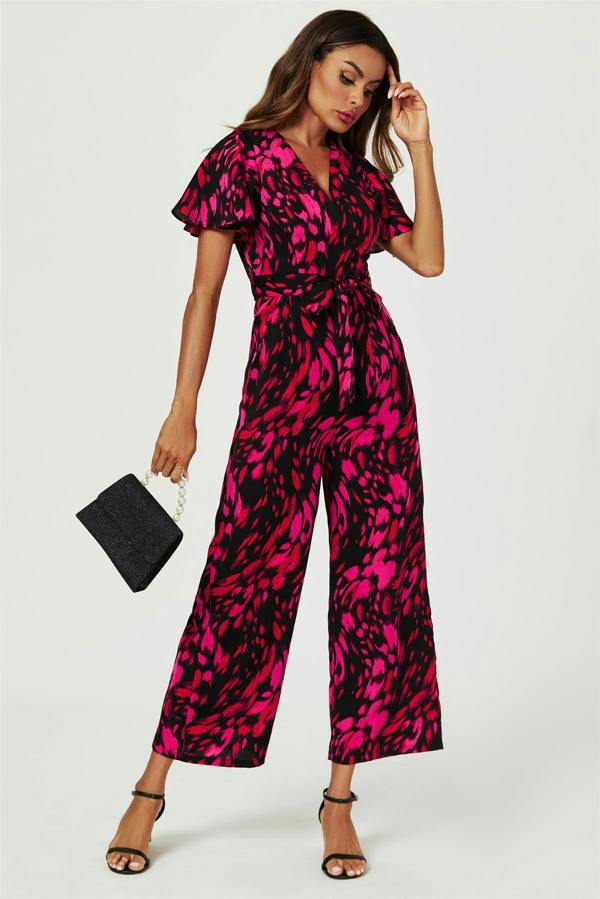 FS Collection Pink Abstract Print Wrap Top Jumpsuit In Black