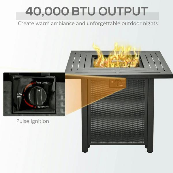Square black propane fire pit table with flame and ignition/control knob
