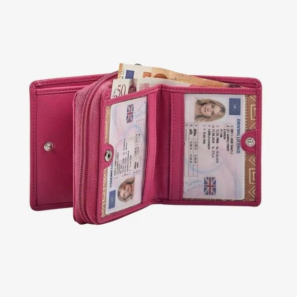 Pink wallet with cards and ID on a white background