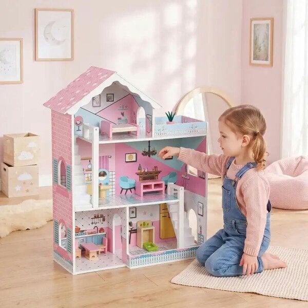 Wooden Dolls House, Large 3-Storey Modern Dollhouse with 10 Accessories, Pretend Play Toy Gift for Ages 3-6 Years, Pink - Pink