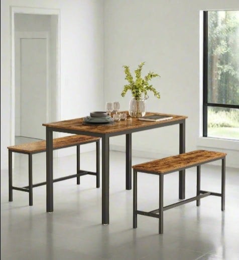 Modcraft 3-Piece Dining Table Set with 2 Benches – Industrial Style Space-Saving Design for 4 People