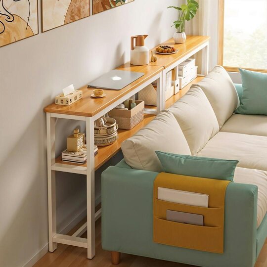Havendro 2-Tier Console Table, Wood Side Table with Metal Frame, Narrow Sofa Table
