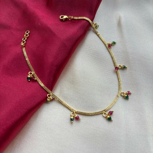 The Colourful Aura Golden Brass Rounds Red Green Beads Indian Payal Anklet