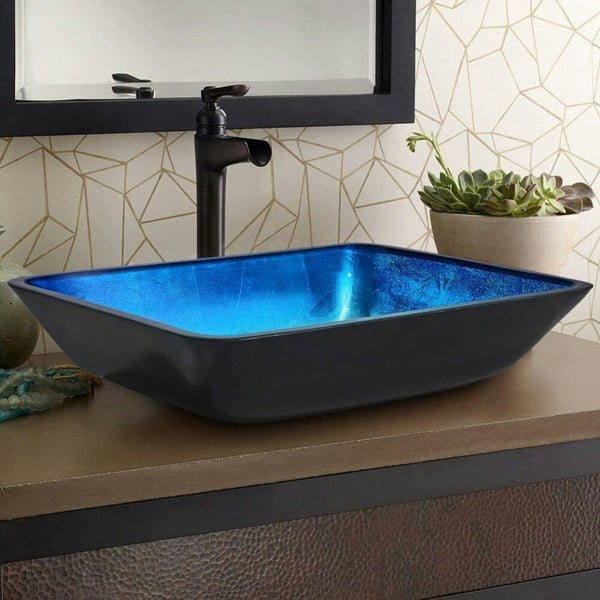 Rectangular Tempered Glass Bathroom Art Design Sink Bathroom Sinks Living and Home Blue