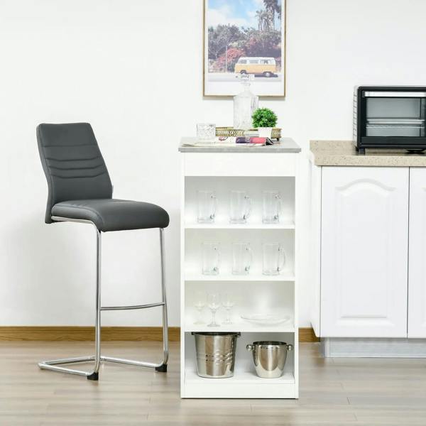 White bar table with grey top and open shelf cabinet holding glassware