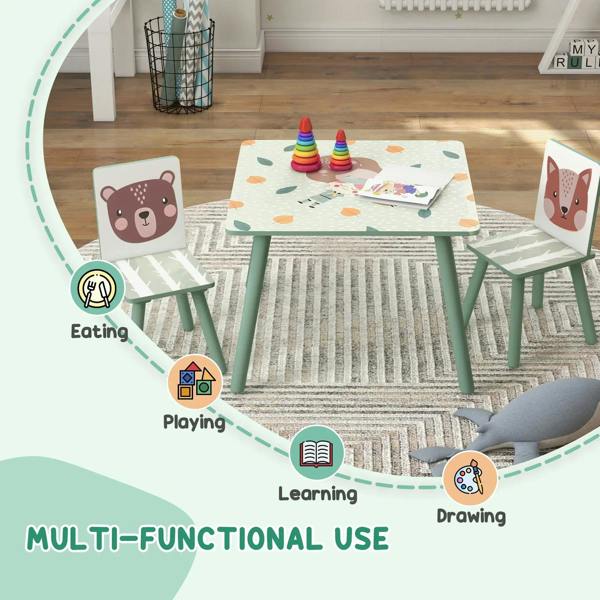 Green kids table with bear and fox chairs in a playroom setting