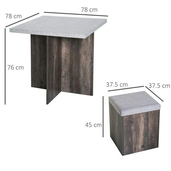 Grey wood-grain dining table and storage stools shown with size diagram and measurements