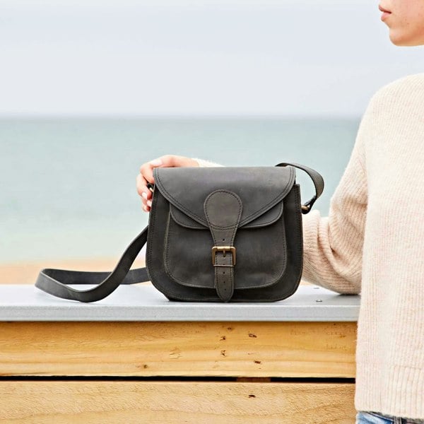 Paper High Black Buffalo Leather Curved Saddle Bag