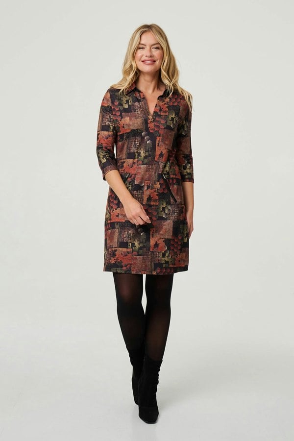 Brown | Printed 3/4 Sleeve Collared Short Dress

