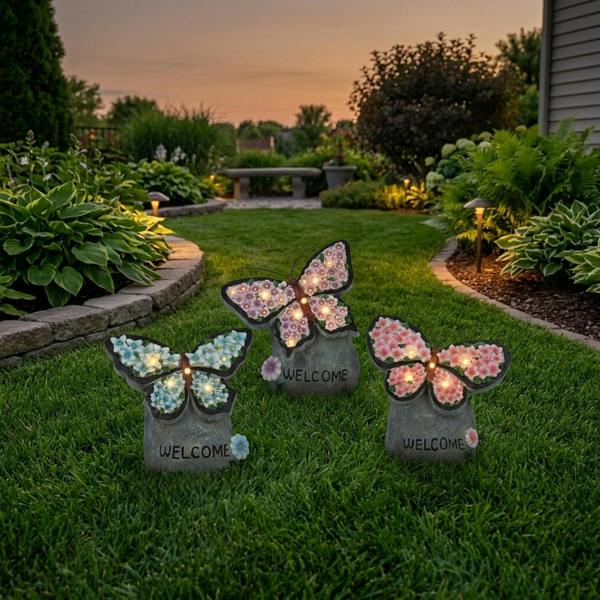 Garden Greatness Triple Butterfly Solar Rock Decorations