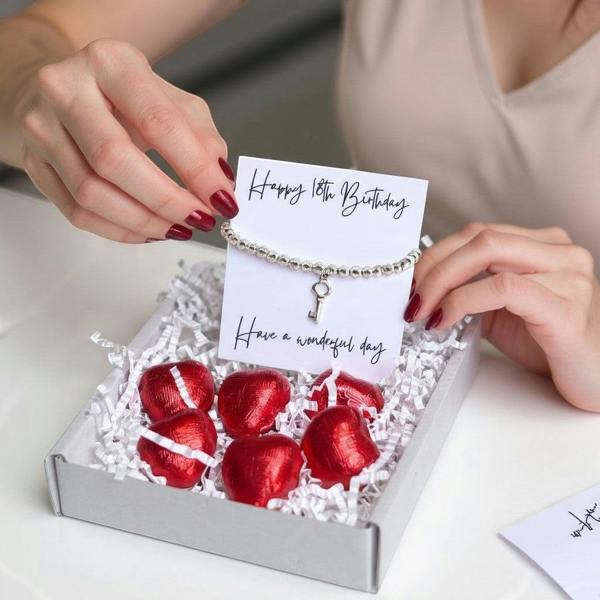 Aye Do Gifts 18th Birthday Gift Box, Silver Key Bracelet & Chocolate Hearts