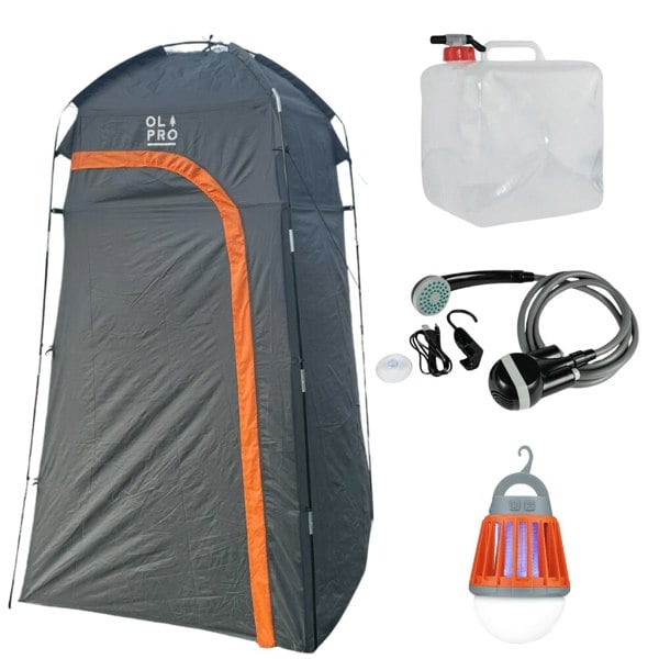 OLPRO Shower Tent Bundle includes everything you need for the perfect campsite shower experience