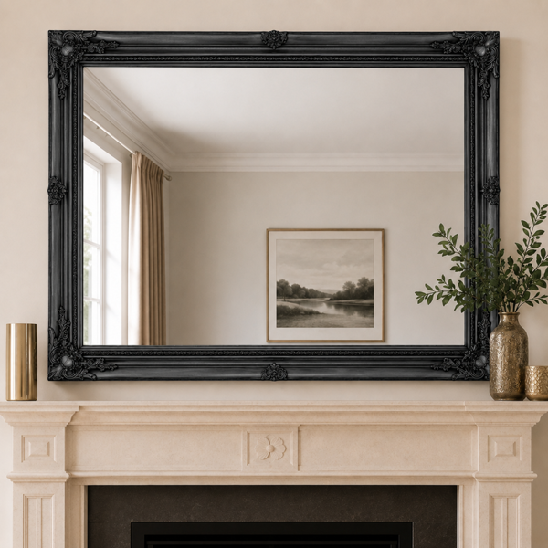 Downton Interiors Antique Style Extra Large Black Wood Frame Wall Mirror 106cm x 75cm