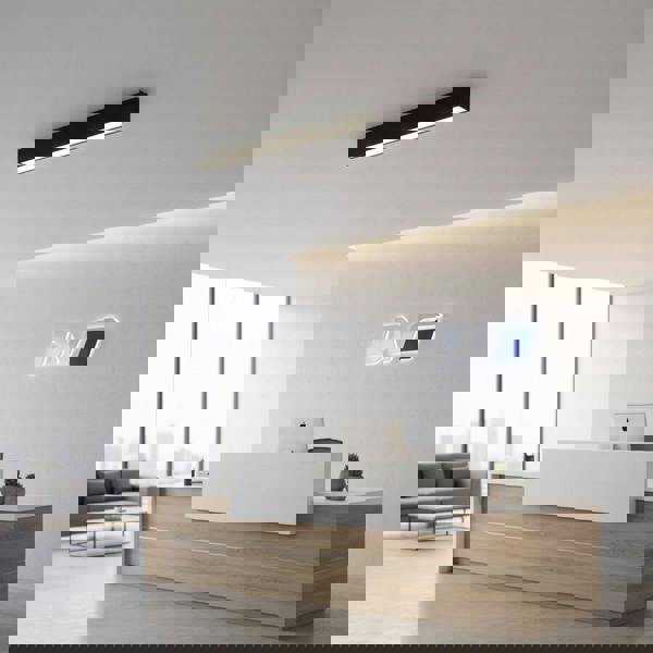 black linear surface downlight mounted over an office reception desk 