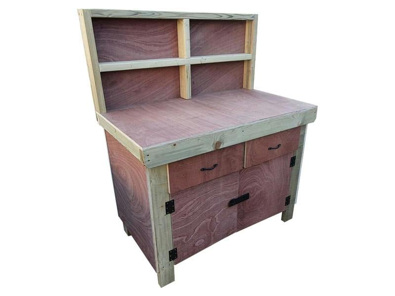 Arbor Garden Solutions Wooden Eucalyptus hardwood top storage workbench with lockable cupboard and drawers (V.4) with back