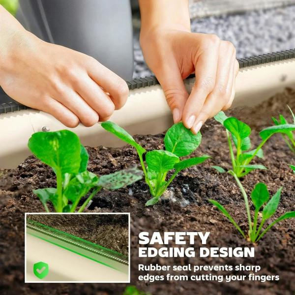 Cream white metal raised garden bed showing safety edging detail along the rim