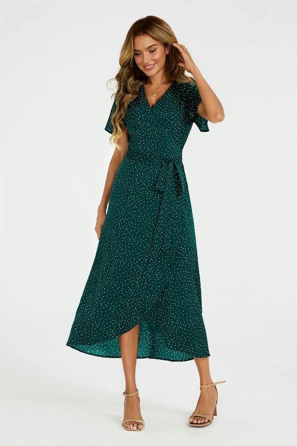 FS Collection Polka Dot Print Wrap Dress In Green