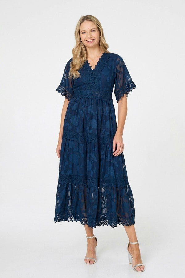 Navy | Floral Lace Frill 1/2 Sleeve Midi Dress
