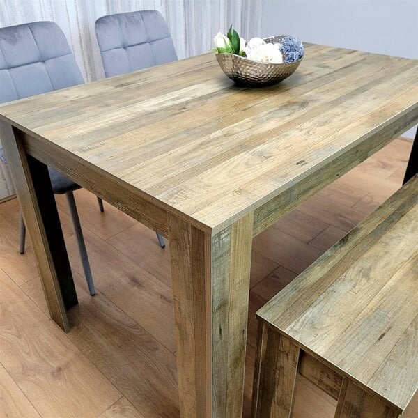 Kosy Koala Dining Table Set for 4 Rustic Effect Dining Table With 2 Grey Velvet Chairs and 1 Matching Bench