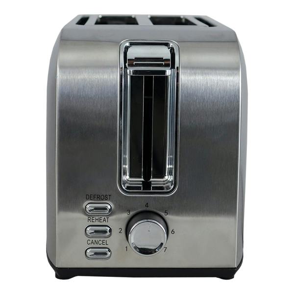 The Igenix 2 Slice Toaster (650W) features wide slots, a control dial with 6 browning levels, defrost, reheat, and cancel functions on the front panel, plus a crumb tray and cord storage.