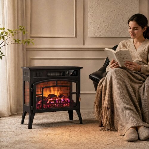 HOMCOM Smart Electric Fireplace Stove with 5-Colour Flame, Black