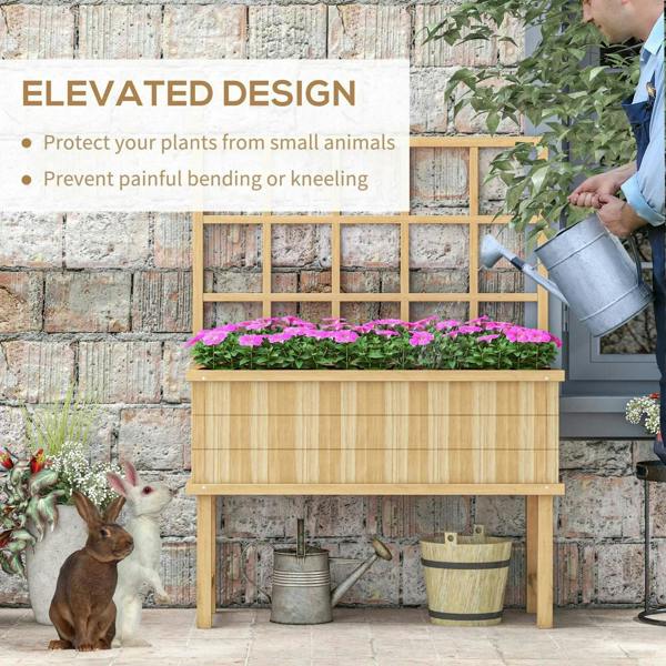 Natural wooden garden planter with trellis, elevated design with pink flowers.