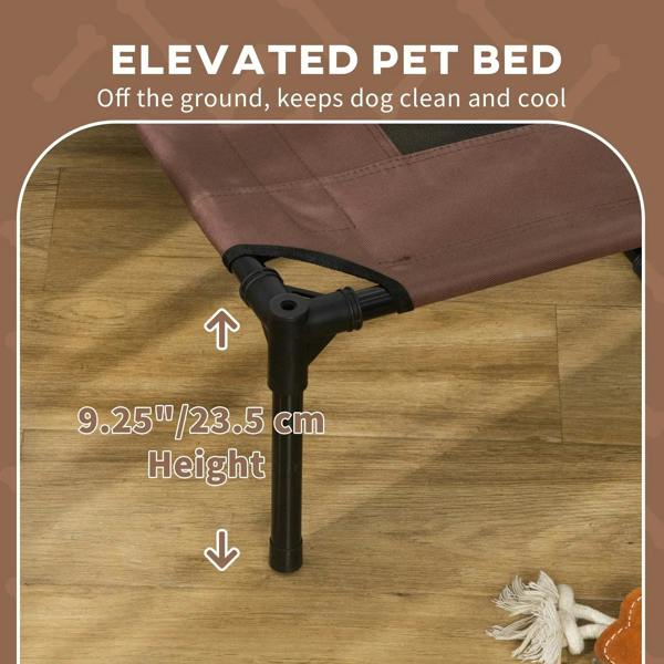 Elevated brown dog bed with canopy frame and breathable mesh base, showing leg height