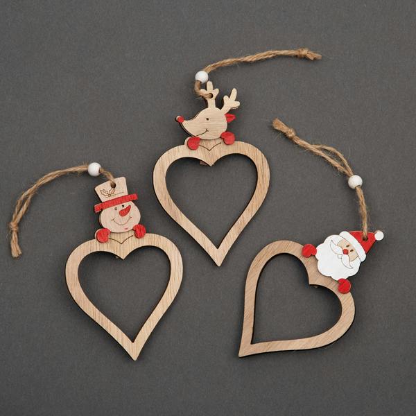 Wooden Heart Shape Hanging Christmas Decorations, 3 Piece Set with Twine String image 1