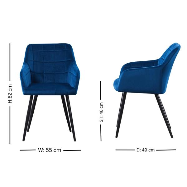 Life Interiors Single Camden Modern Velvet Dining Chair with Armrests, Quilted Design & Black Metal Legs