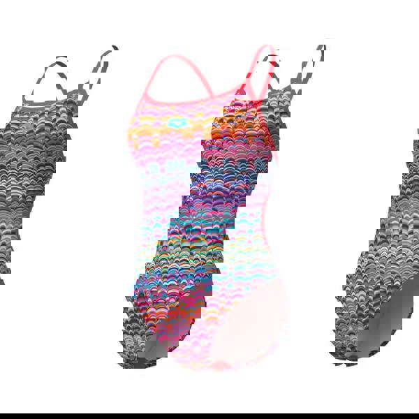 Arena Ondulation Lace violet/coral swimsuit with multicolored waves