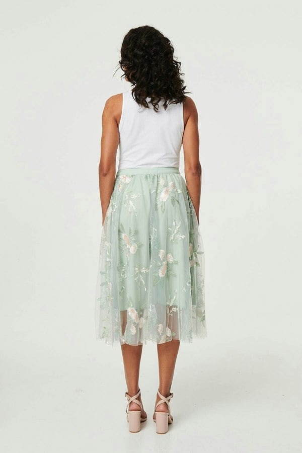 Sage | Floral Texture Semi Sheer Midi Skirt
