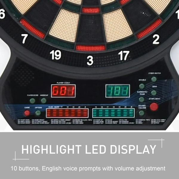 Electronic dartboard control panel with LED game display and colored buttons