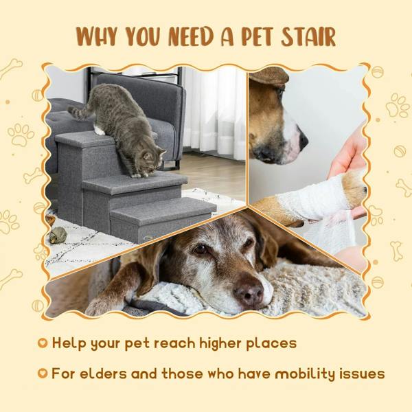 Light grey pet stairs with three steps and storage, shown with pets using the stairs